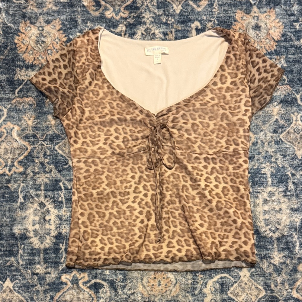 See You Monday Leopard-Print Tie-Front Short Sleeve Top in Brown